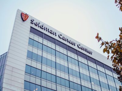 Modern facade of Seidman Cancer Center in Cleveland, showcasing sleek architectural design.