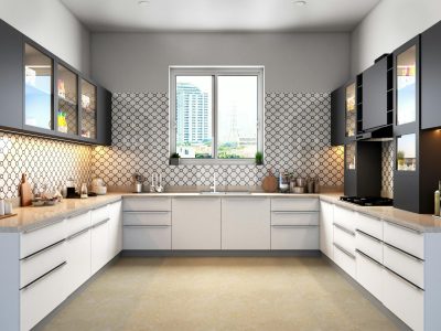 Sleek modular kitchen with contemporary cabinets and tile backsplash, showcasing urban style.